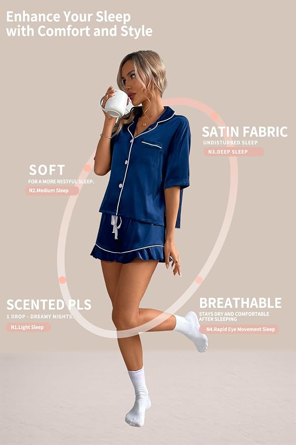 CHYRII Women's Silk Satin Pajamas Two Piece Pj Sets Short Sleeve Tops Ruffled Shorts Sleepwear with Magnetic Diffuser