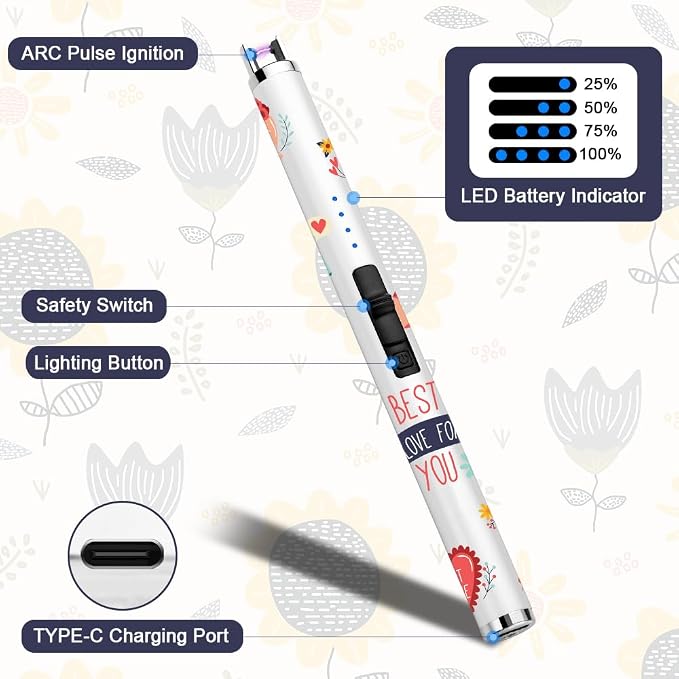 SUPRUS Candle Arc USB Type C Lighter Electric Lighter with Upgraded LED Battery Display Safety Switch Rechargeable Flameless Plasma Windproof Portable for Mother‘s Day (White)