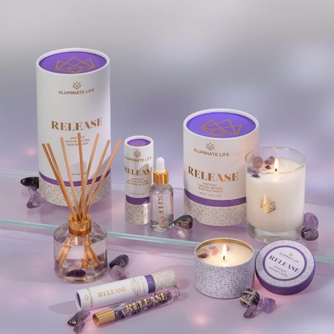 – Release Crystal-Infused Scented Candle with Healing Amethyst & Lavender Essential Oils, Hand-Poured Premium Coconut Wax, Luxury Gift, 6 oz