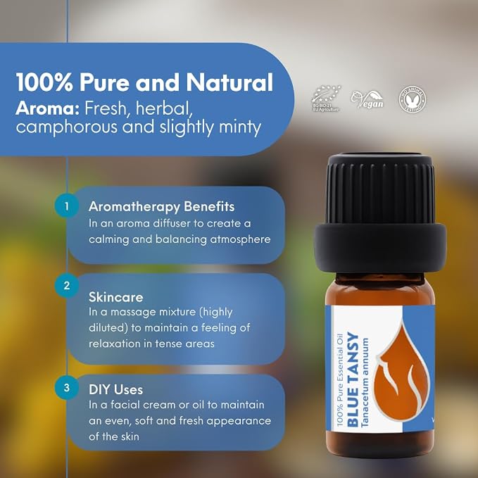 Essences Bulgaria Organic Blue Tansy Essential Oil 0.17 Fl Oz | 5ml | Tanacetum annuum | 100% Pure | Natural | Undiluted | Therapeutic Grade | Aromatherapy | Cosmetics | Cruelty Free | Non-GMO | Vegan