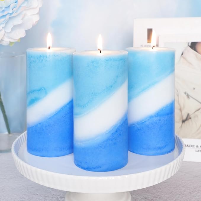 Crystal Club Ocean Scented Pillar Candle Set of 3, 70+ Hour Burning Time, 3X6 Inch Blue and White Candles, Ocean Breeze Scented Candles for Home Beach Decor