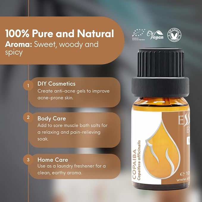 Essences Bulgaria Organic Copaiba Essential Oil 0.34 Fl Oz 10ml Copaifera officinalis - 100% Pure Natural Undiluted Therapeutic Grade Aromatherapy for Diffuser Humidifier Massage Skin Care Hair Oil