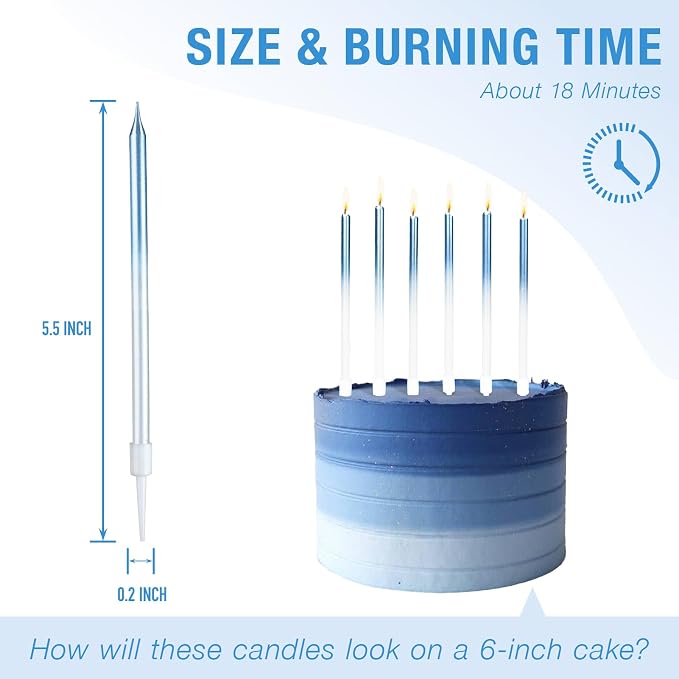 24-Count Gradient Blue Birthday Candles, Long Thin Cake Candles for Wedding, Celebration, Birthday Party Cake Cupcake Decorations
