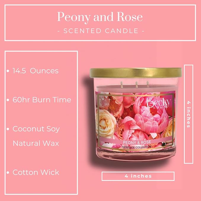 Peony and Rose Scented 3-Wick Candle in Glass Jar | Candles for Home | 14.5oz Rustic Home Decor Novelty Candle | 60 Hour Burn Time Candle