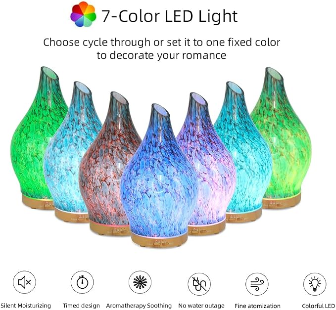 Glass Oil Diffuser with 3 Essential Oil Set,200ml Diffuser for Table Decor,Small Humidifier with Timer,7 LED Color Lights for Small Space Office Bedroom Room Decor Gifts for Women Men