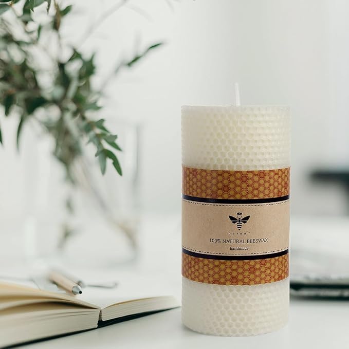 DEYBBY Natural White 3×6 in Beeswax Pillar Candle - Handmade Pure Organic Beeswax Honeycomb Rolled Candle for Home Study Decor Housewarming Gift
