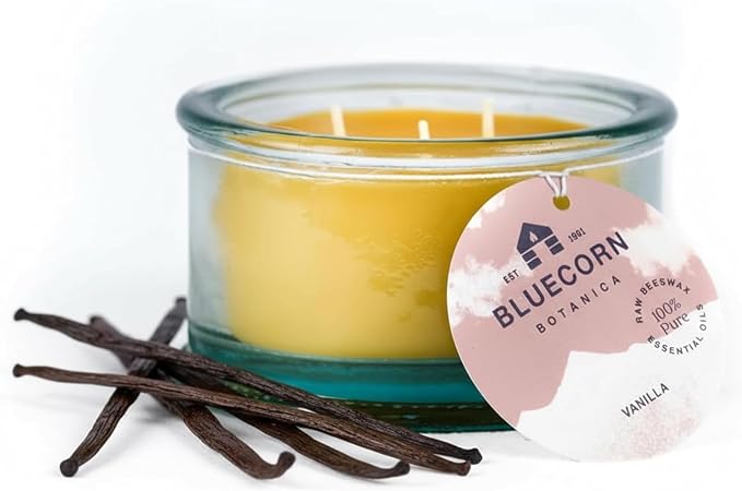 Bluecorn Botanica Beeswax 3-Wick Candle – Vanilla, 100% Pure Beeswax & Essential Oils – 10oz Hand-Blown Recycled Spanish Glass – Non Toxic, Clean Burning, Refillable Glass Jar