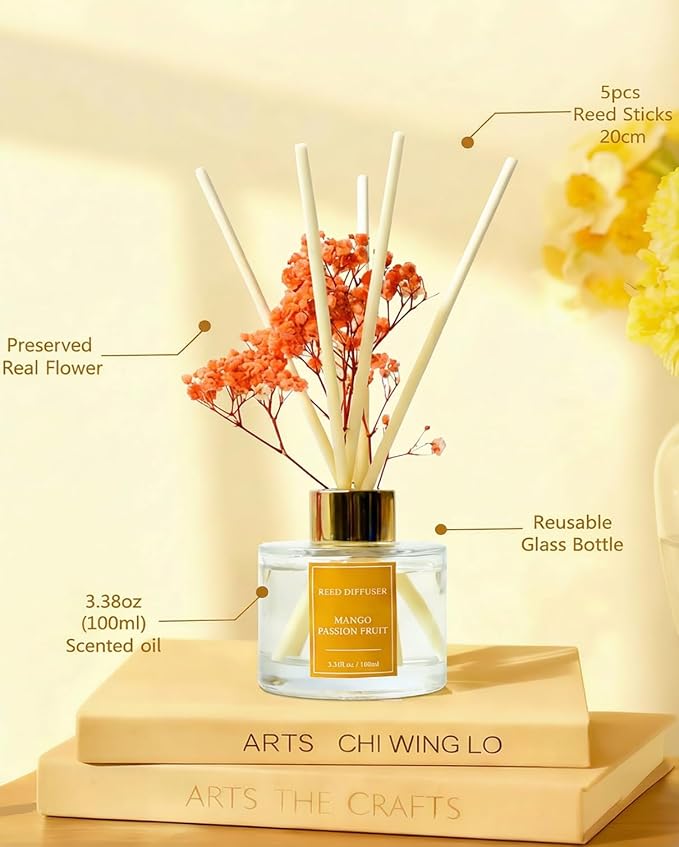 Reed Diffuser Set-Mango &Passion Fruit Scent Fragrance Oil Diffuser with 6 Reed Sticks | Home & Bedroom Bathroom Decor,3.38 fl oz (100ml)