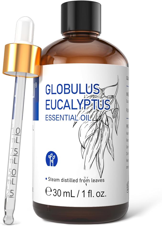 HIQILI Eucalyptus Essential Oil 1 Fl Oz, Therapeutic Grade, Premium Grade Glass Dropper for Diffuser, Humidifier, Air Freshening, Cleaning, Home, Skin