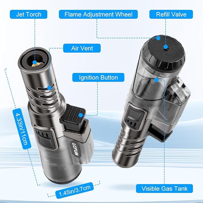LcFun Torch Lighter 2 Pack Windproof Adjustable Single Jet Flame Butane Lighter Refillable Gas Lighter for Candle Camping Grill BBQ Fireplace (Butane Not Included)