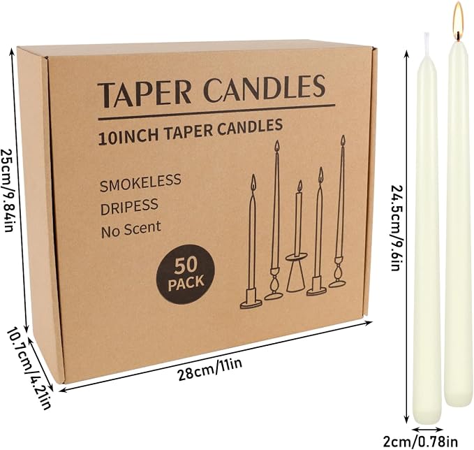 WPONSZU 50 Pack Ivory Taper Candles, 7-8 Hours Burn Time, Unscented, Smokeless and Dripless, 4/5 x 10 Inch for Christmas,Household,Dinner,Wedding,Valentine's Day,Party and Home Décor Candlesticks