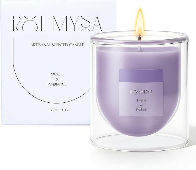 Lavender Candle for Home Scented, Purple Soy Wax Aromatherapy Candle Gifts for Women with Unique Artistic Glass