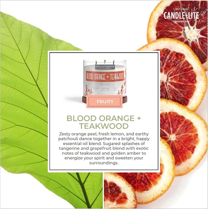 Essential Elements by Candle-lite Scented Candles, Blood Orange & Teakwood Fragrance, One 14.75 oz. Three-Wick Aromatherapy Candle with 45 Hours of Burn Time, Off-White Color