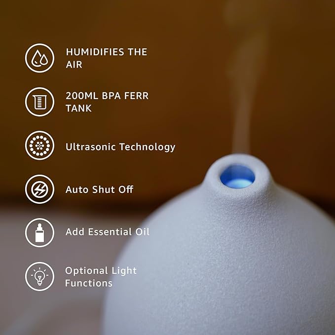 Gooamp 200ML Ceramic Essential Oil Diffuser - Ultrasonic Aromatherapy & Humidifier with 7-Color LED Lights, Auto Shut-Off, White, 1H/3H/6H Timer | Scent for Home,Office,Yoga