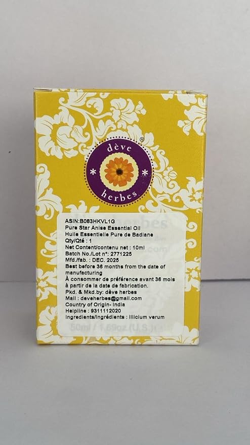 Deve Herbes Pure Star Anise Essential Oil (lllicium verum) with Glass Dropper Steam Distilled 10ml (0.33 oz)