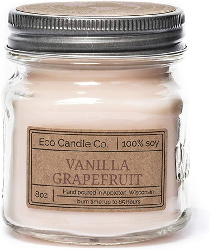 ECO CANDLE CO. Mason Jar Candle, Vanilla Grapefruit, 8 oz. - Scents of Vanilla & Pink Grapefruit - 100% Soy Wax, No Lead, Kraft Label & Antiqued Pewter Lid, Hand Poured, Midwest Grown Soybeans