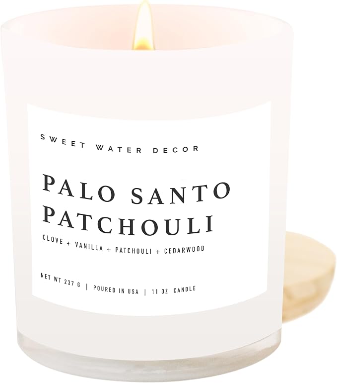 Sweet Water Decor Palo Santo Patchouli Candle - Soy Clove, Vanilla, Cedarwood, Patchouli Scented Spa Candle for Home - 11oz White Jar with Wood Lid, 50+ Hour Burn Time, Made in the USA