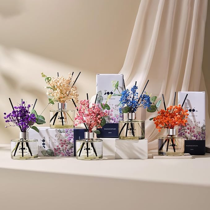 396 st. Preserved Baby's Breath Flower Reed Diffuser, Pure Cotton, 200ml(6.7oz) / Reed Diffuser Sets, Home Fragrance, Scented Oils, Home & Bathroom Décor