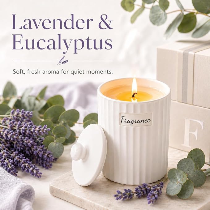Viyffo 6.35oz Scented Candle - Lavender & Eucalyptus, Small Non Toxic Soy Candles, 30-40 Hours Long Lasting, Matte White Ceramic Jar, Luxury Home Fragrance, Elegant Room Decor & Premium Birthday Gift