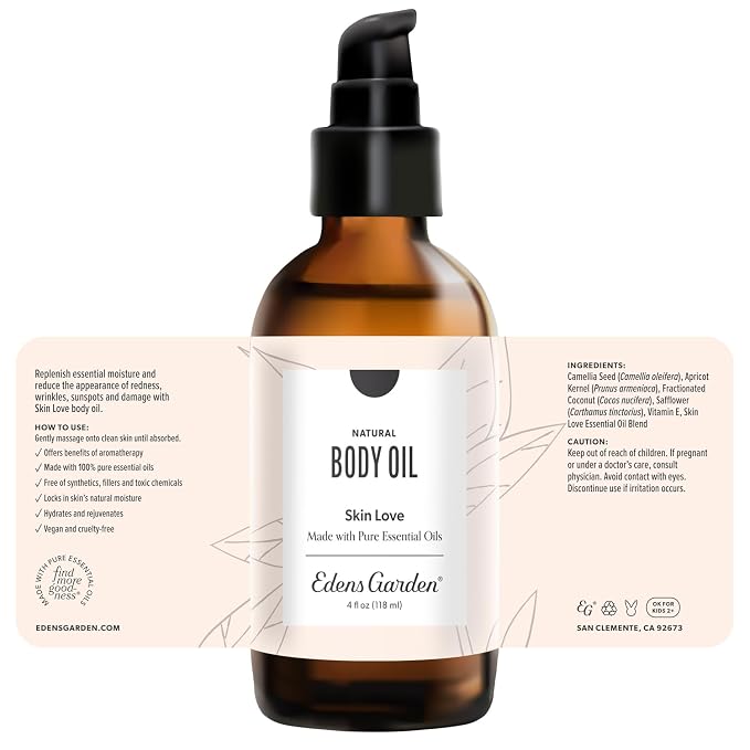 Edens Garden Skin Love Bath & Body Oil – Anti-Aging Blend with Pure Essential Oils & Vitamin E for Smooth, Hydrated Skin – Natural Moisturizer for Scars, Wrinkles & Stretch Marks, 4 fl oz (118 ml)