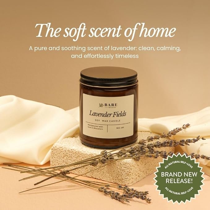 Bare Botanics Non-Toxic Lavender Fields 9oz Soy Candle - 100% Plant-Based Fragrance Oils - Handpoured in WI - 40+ Hrs