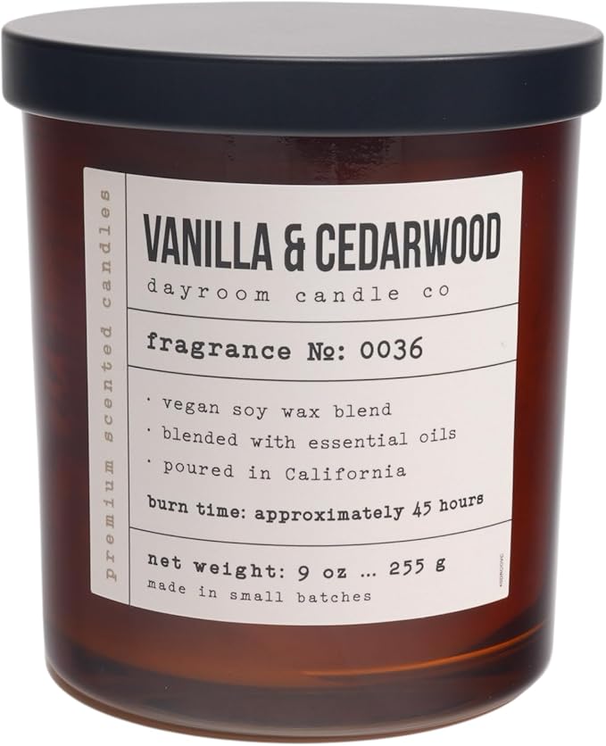 LEOBEN CO – Vanilla & Cedarwood Scented Candle – 9oz, Dayroom Collection Design – 50 hr Burn time – Poured in California Using Vegan Soy Wax and Essential Oils – Made in Small Batches