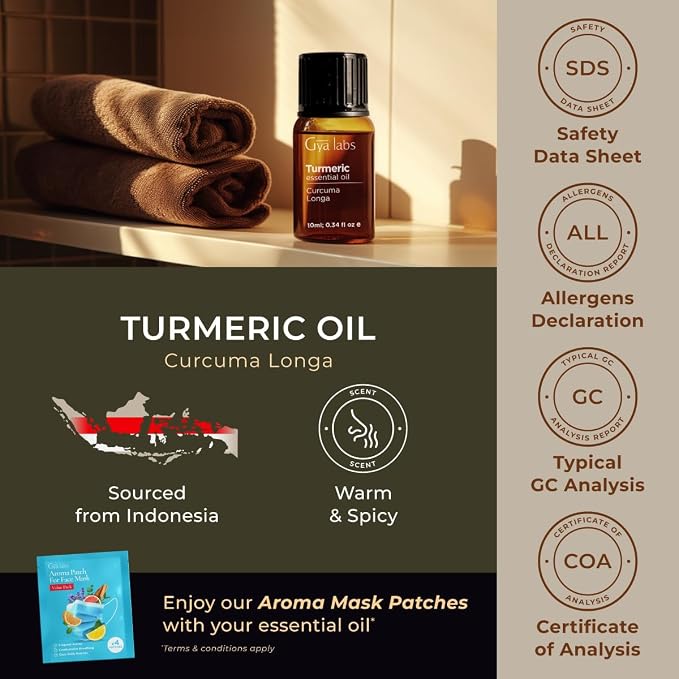 100% Pure Turmeric Essential Oil - 0.34 Fl Oz - Turmeric Oil for Hair, Skin, Diffuser, Aromatherapy & DIY Candle Making Scent