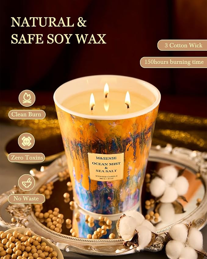 M&SENSE Large 3-Wick Ocean Scented Soy Candle, 35oz | 150 Hours, Non-Toxic, Fresh Summer Spa Home Fragrance, Decorative Relaxing, Home Decor