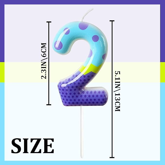 Number 2 Birthday Candle for Cake – Colorful Polka Dot & Patchwork Design – Fun Cake Topper Decoration for Birthday Celebration