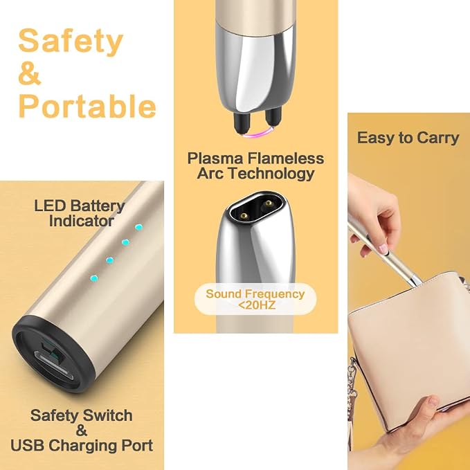 Candle Lighter, Electric USB Lighter with Upgraded LED Display Safety Switch, Rechargeable Flameless Windproof, Gold