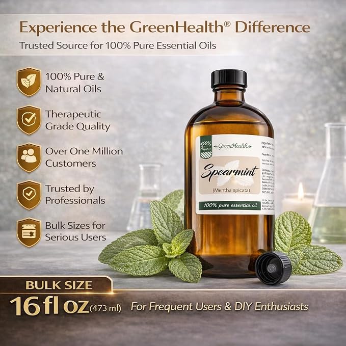 Spearmint Essential Oil – 16 fl oz (473 ml) – 100% Pure & Natural Mentha Spicata – Therapeutic Grade Bulk Essential Oil in Amber Glass Bottle with Dropper – GreenHealth