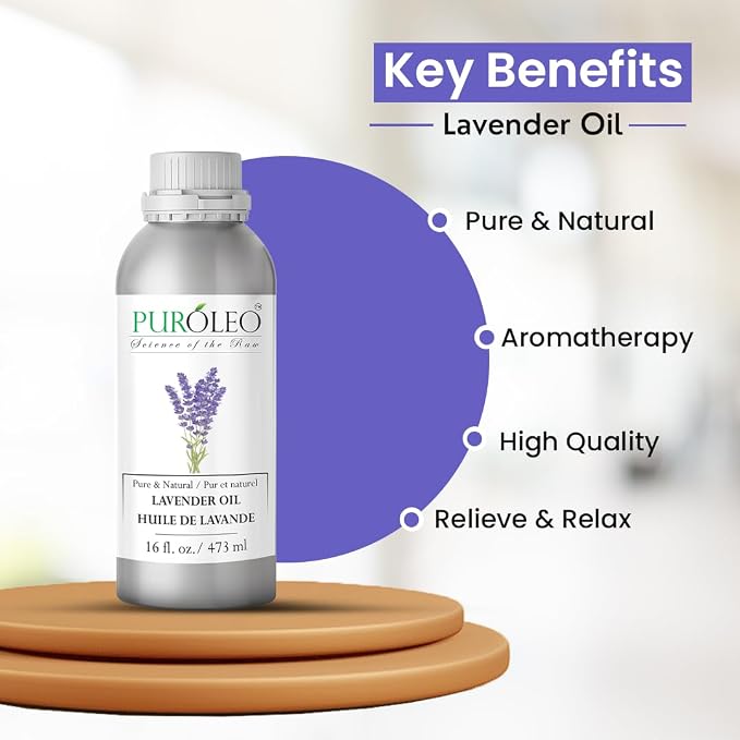 PUROLEO Lavender Essential Oil 16 Fl Oz/473 ML (Packed in Canada) 100% Pure Natural Undiluted Cold Pressed for Aromatherapy Therapeutic Grade Aromatherapy Oil for Sleep