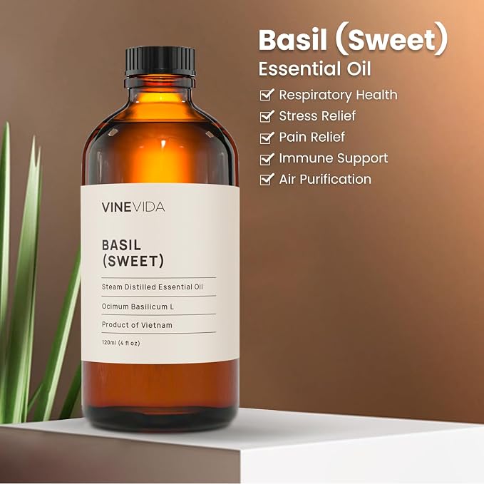 VINEVIDA Sweet Basil Essential Oil 4 oz - Undiluted Oil - DIY Candle Scents - Bulk Oil for Soap Making - Safe for Skin