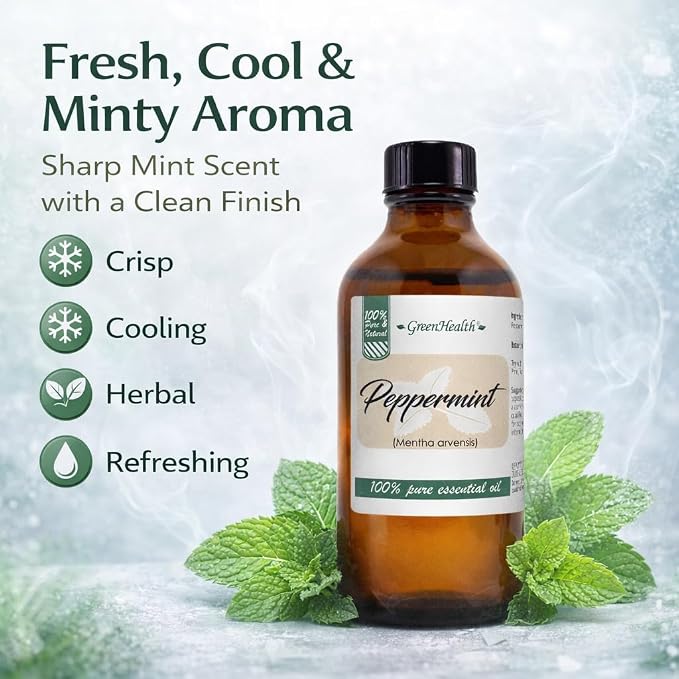 GreenHealth Peppermint Essential Oil 4 fl oz - 100% Pure Essential Oil - Amber Glass Bottle w/Glass Dropper - Fresh Mint Aroma for Diffusers, Candles, Soap Making, DIY Use