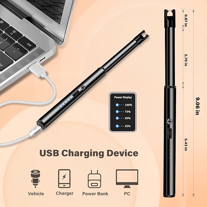Electric Candle Lighter Windproof USB Rechargeable Flameless Long Neck Lighter for Candles Gas Stove Fireplace BBQ Kitchen Grills (Black)