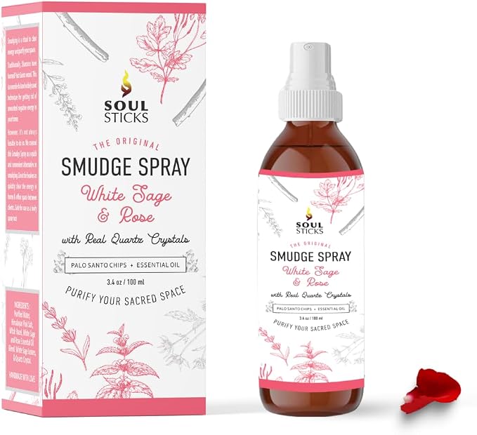 SOUL STICKS White Sage & Rose Smudge Spray For Cleansing and Negative Energy | 3.5oz Sage Smudge Spray with Real Quartz Crystals | Car Air Freshner Fragrance Sage Room Spray for Spiritual Cleansing