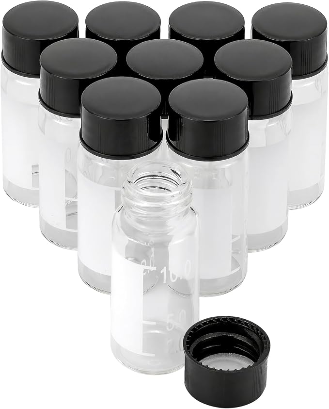Kesell 50-Pack 10ml Clear Glass Vials - Borosilicate Glass, Graduated, with Labels -Small Sample Bottle for Oil - Portable Vials with Caps