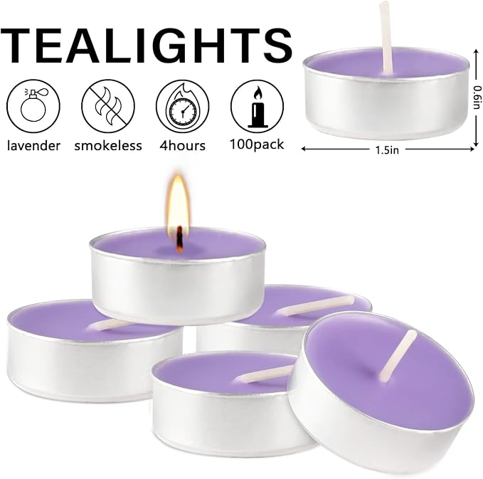 Howemon Purple Lavender Scented Tealight Candles - 4 Hours - Giant 100 Bulk Packs - Smokeless Tea Lights for Valentine's Day, Weddings,Christmas, Home Decorative