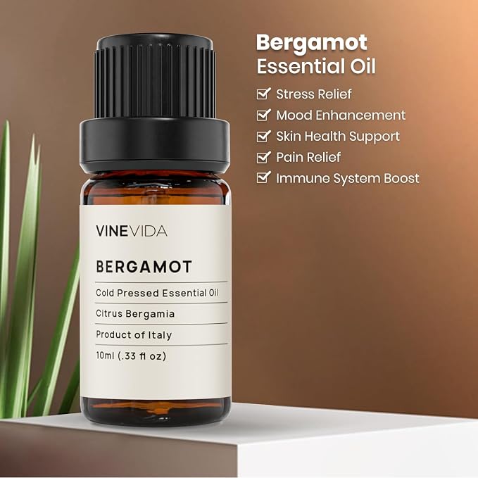 VINEVIDA Bergamot Essential Oil 10 mL - Undiluted, Pure, Vegan, Sustainable, and Recyclable Glass Bottle