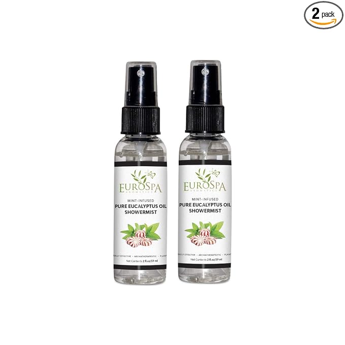 EuroSpa Aromatics Pure Eucalyptus Oil ShowerMist and Steam Room Spray, All-Natural Premium Aromatherapy Essential Oils - Mint Infused, 2oz, 2 Pack