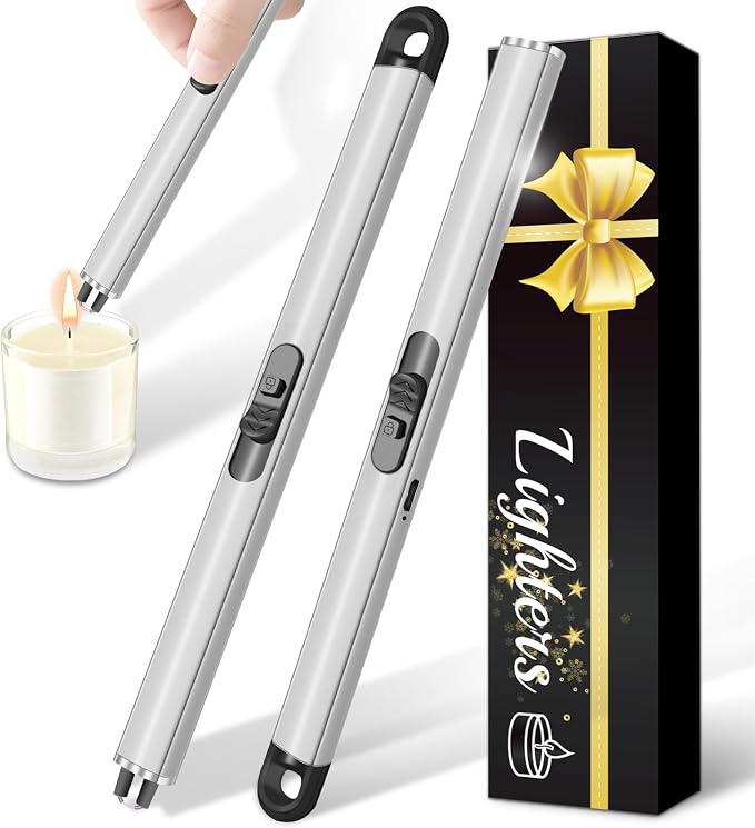 2 Pack Electric Candle Lighters, USB Rechargeable Lighter with Windproof Flameless & Extended Handle, Suitable for Candles, BBQ, Camping, Gas Stove, Festivals Gift (Sliver, 2 Packs-B)
