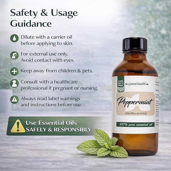 GreenHealth Peppermint Essential Oil 4 fl oz - 100% Pure Essential Oil - Amber Glass Bottle w/Glass Dropper - Fresh Mint Aroma for Diffusers, Candles, Soap Making, DIY Use