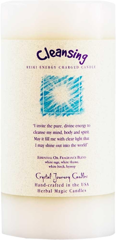 Crystal Journey 6" x 3" Herbal Magic Reiki Charged Pillar Candle - Cleansing (White)