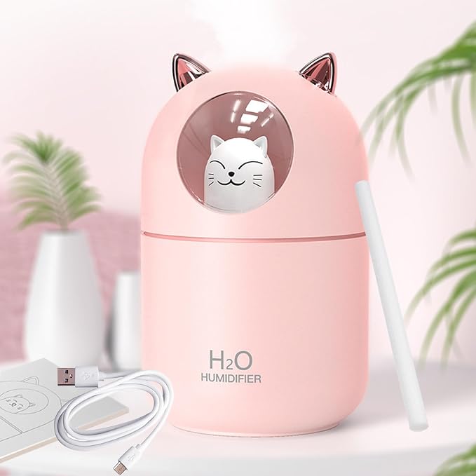 Small Humidifier Cute Portable Cool Mist 300ML 7 Color Night Light USB Air Humidifier for Bedroom Office Desk Car Plants Travel (Pink)