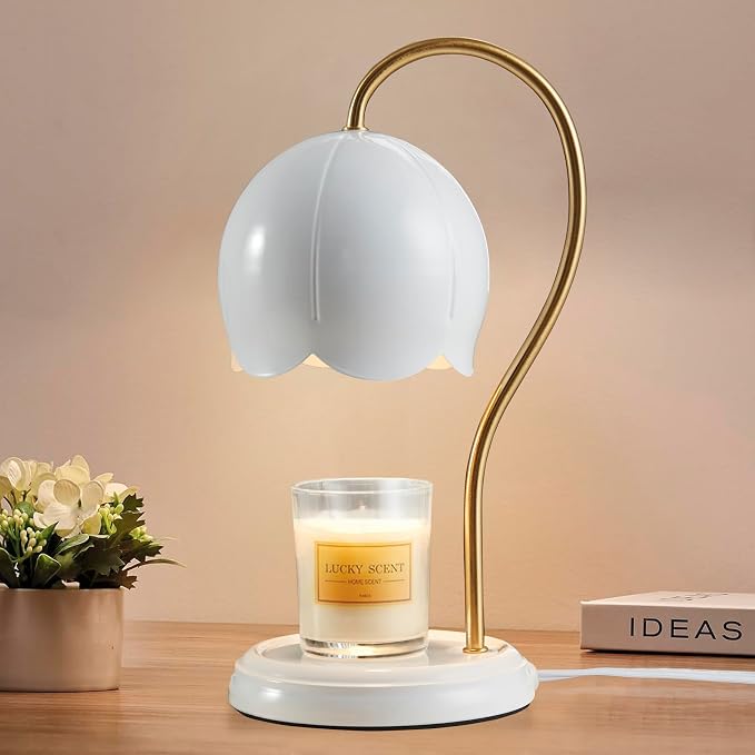 White Gold Flower Candle Warmer Lamp with Timer Dimmable, Office Decor Elegant Bedroom Scented Wax Light, Valentine's Birthday Gifts for Women Man, Large Table Candles Burner