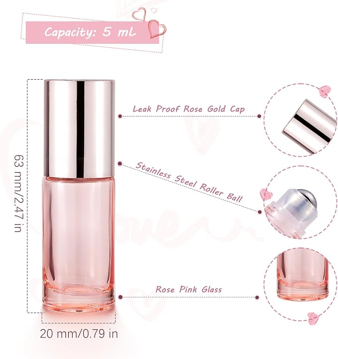 1/6 oz Cute Rose Pink Glass Roller Bottles for Essential Oils, 10Pack 5mL Refillable Roll On Bottles with Stainless Steel Roller Balls, Funnels, Pipettes for Perfume Aromatherapy Travel