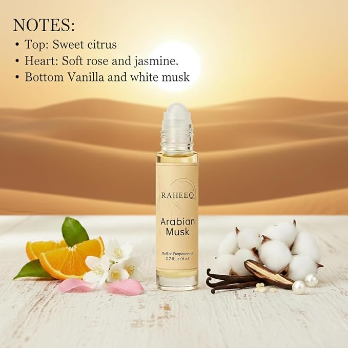 Arabian Musk Perfume Oil Roll-On – Long Lasting Sweet White Musk & Vanilla with Citrus Opening, Concentrated Alcohol Free Arabic Attar, Premium Unisex Fragrance, 6 ml (0.2 fl oz)