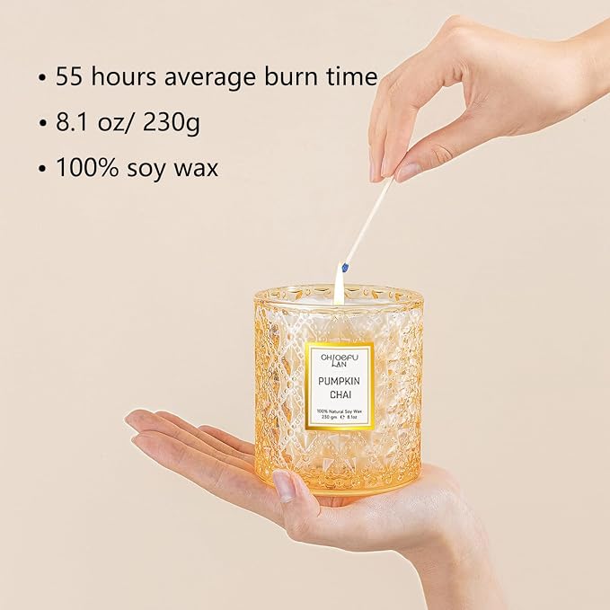 Pumpkin Chai Candles Halloween Candle Gift, Farmhouse Candles for Home, Luxury Scented Soy Jar Fall Candle with up to 55 Hour Long Lasting, Home Decor, Barn Fall Decor Pottery, 8.1oz