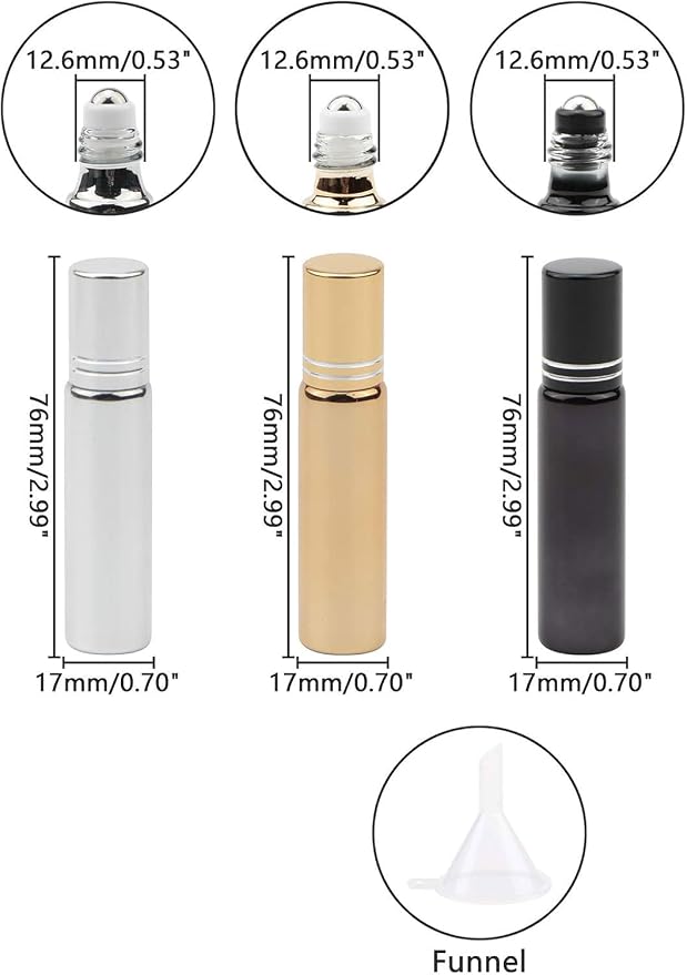 Kesell 6 Pack 3 color 10ml Glass Essential Oils Roller Ball Bottles Small Roll on Bottle Refillable Vial Storage Container with Stainless Steel Rollers for Essential Oil DIY Perfume Aromatherapy