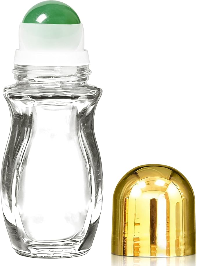 Green Aventurine Clear Roller Waisted Bottles for Essential Oils,50ml Refillable Clear Glass Roll On Bottles with Natural Crystal Roller Balls, Leak-Proof Travel Perfume Bottle with Gold Caps
